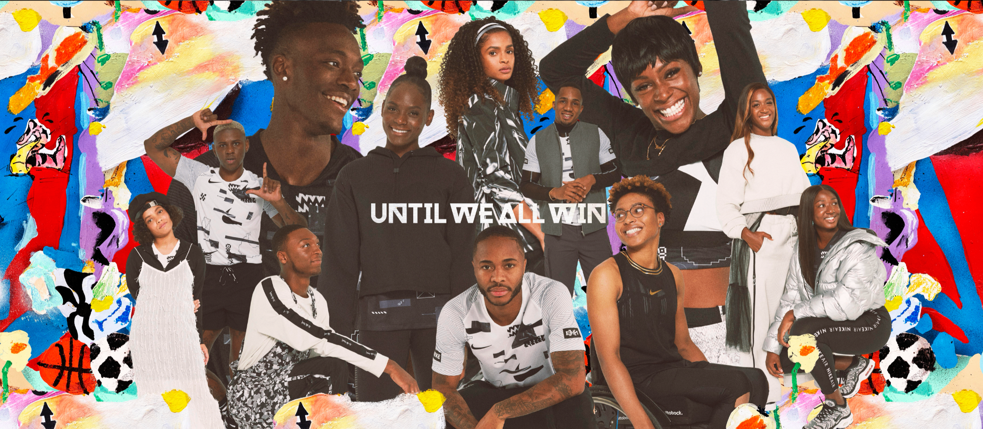 Nike Until We All Win campaign with diverse athletes on a colorful painted background