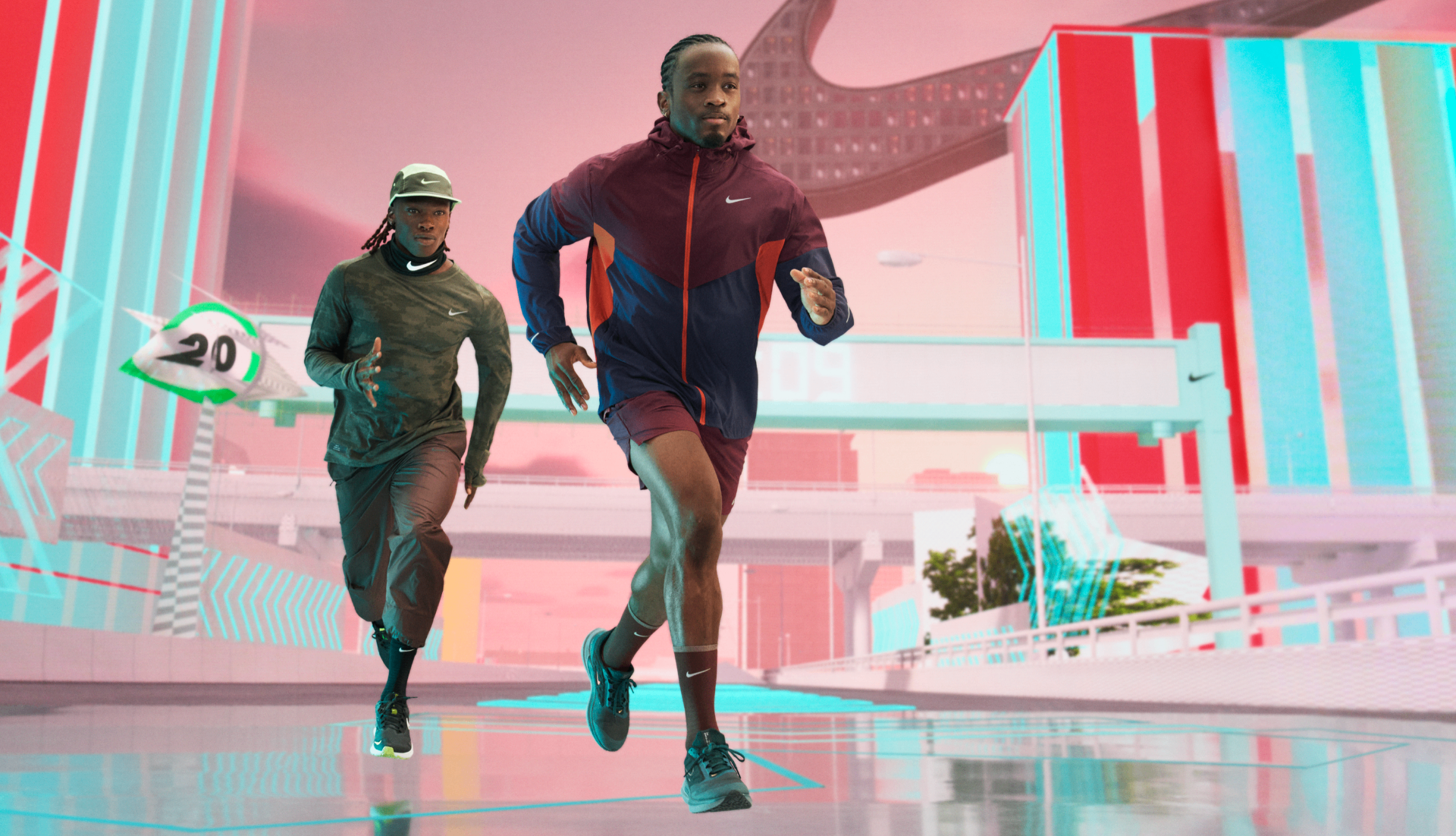 Two athletes running through a futuristic cityscape with neon signage