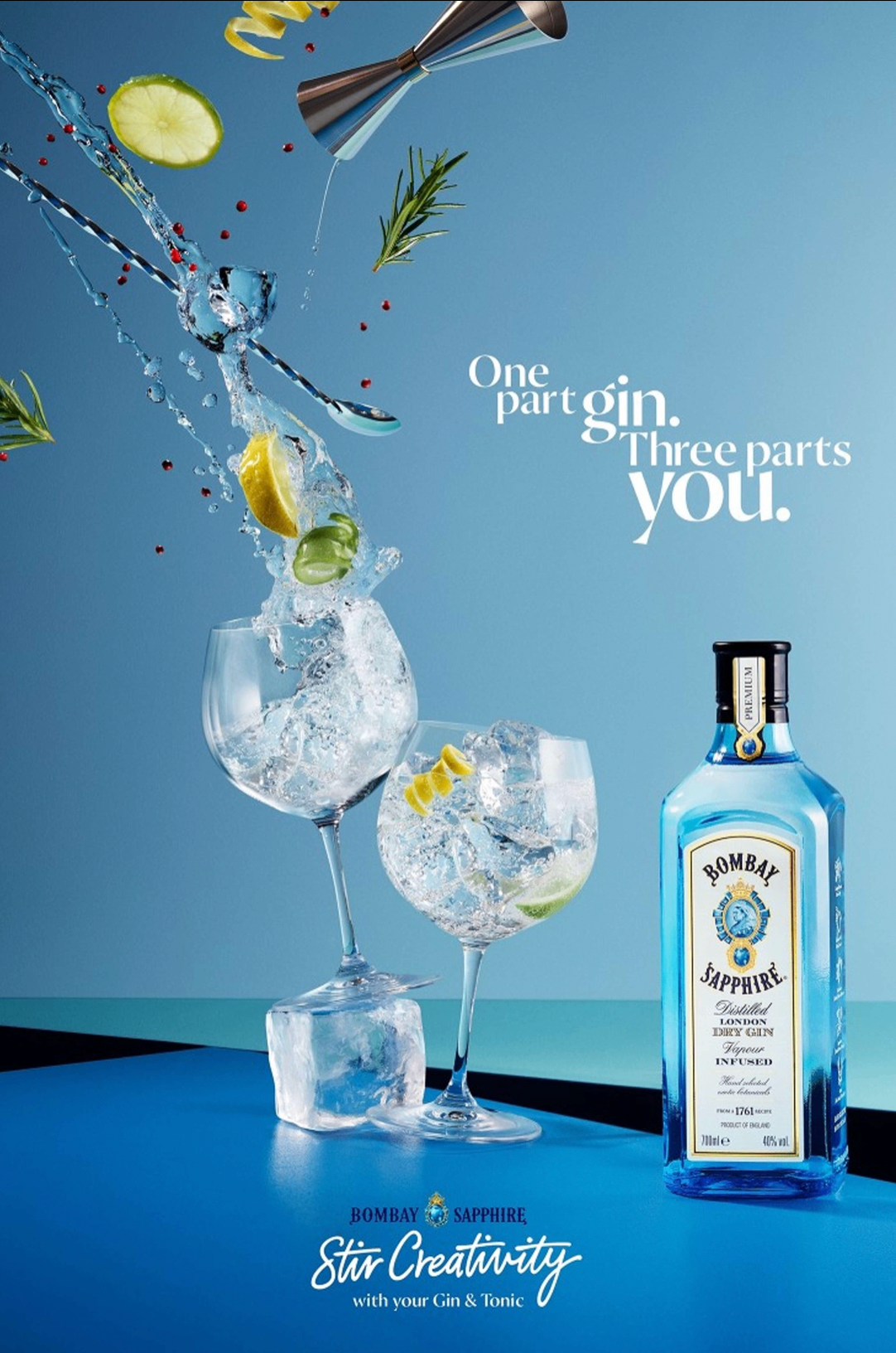 Bombay Sapphire gin and tonic campaign with splashing lime and ice